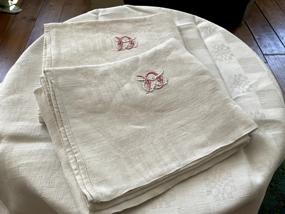 Vintage Serviettes, Letters DB Cotton Damask Napkins, French Table Linen 6pc - Image 3 of 4