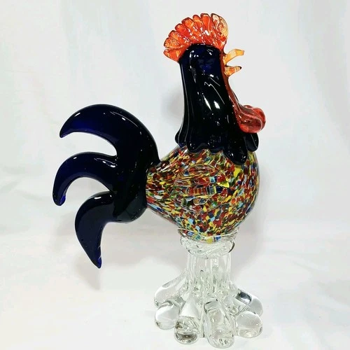Handcrafted Vintage Murano Glass Confetti/Cobalt Blue Rooster Made In Italy