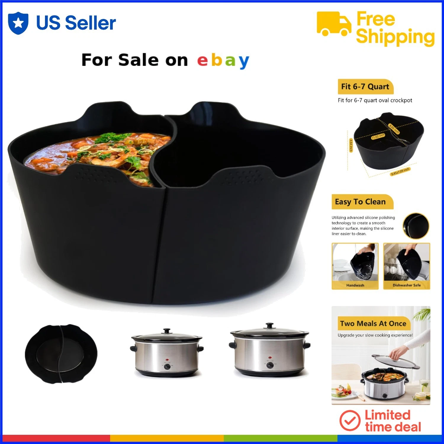 Silicone Crock Pot Liners BPA-Free Reusable 6-7 Qt Slow Cooker Divider Insert