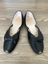 Vintage 1940s Daniel Green Comfy Slippers, Peep Toe Black Satin, Size 7