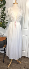 Vintage Gilead White Nylon Lace Nightgown Pink Ribbon Maxi USA Petite 70s