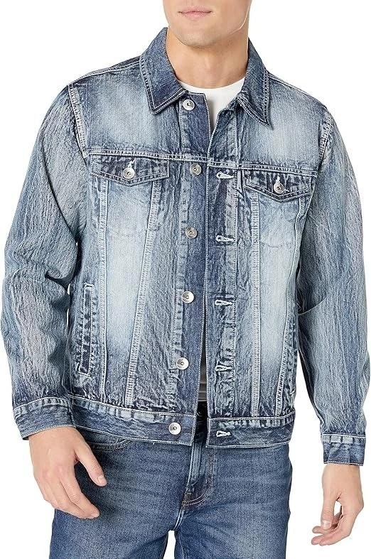 Art Class Denim Jacket Mens Size Medium Distressed Blue Button Front 100%Cotton