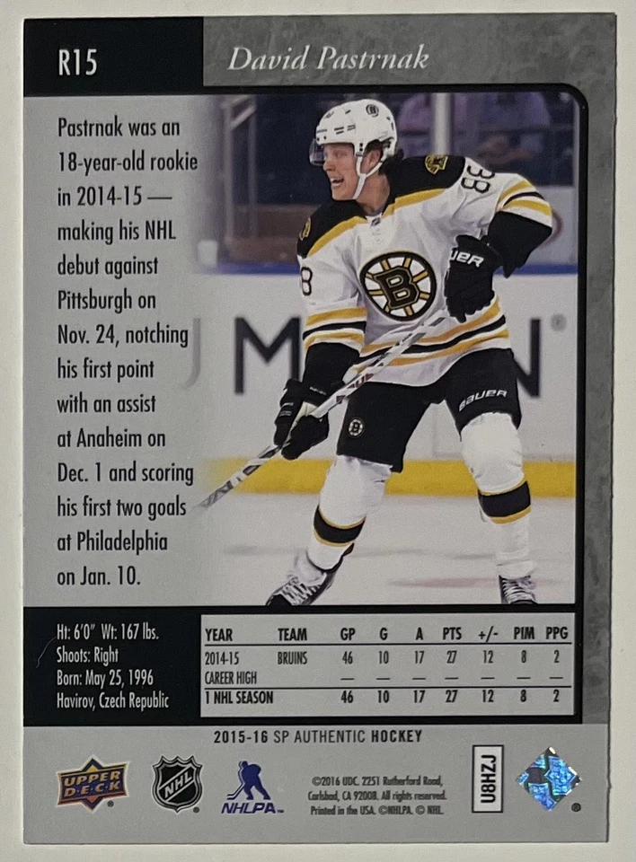 David Pastrnak 2015-16 Upper Deck SP Authentic ‘95-‘96 Retro #R15 - Image 2 of 2