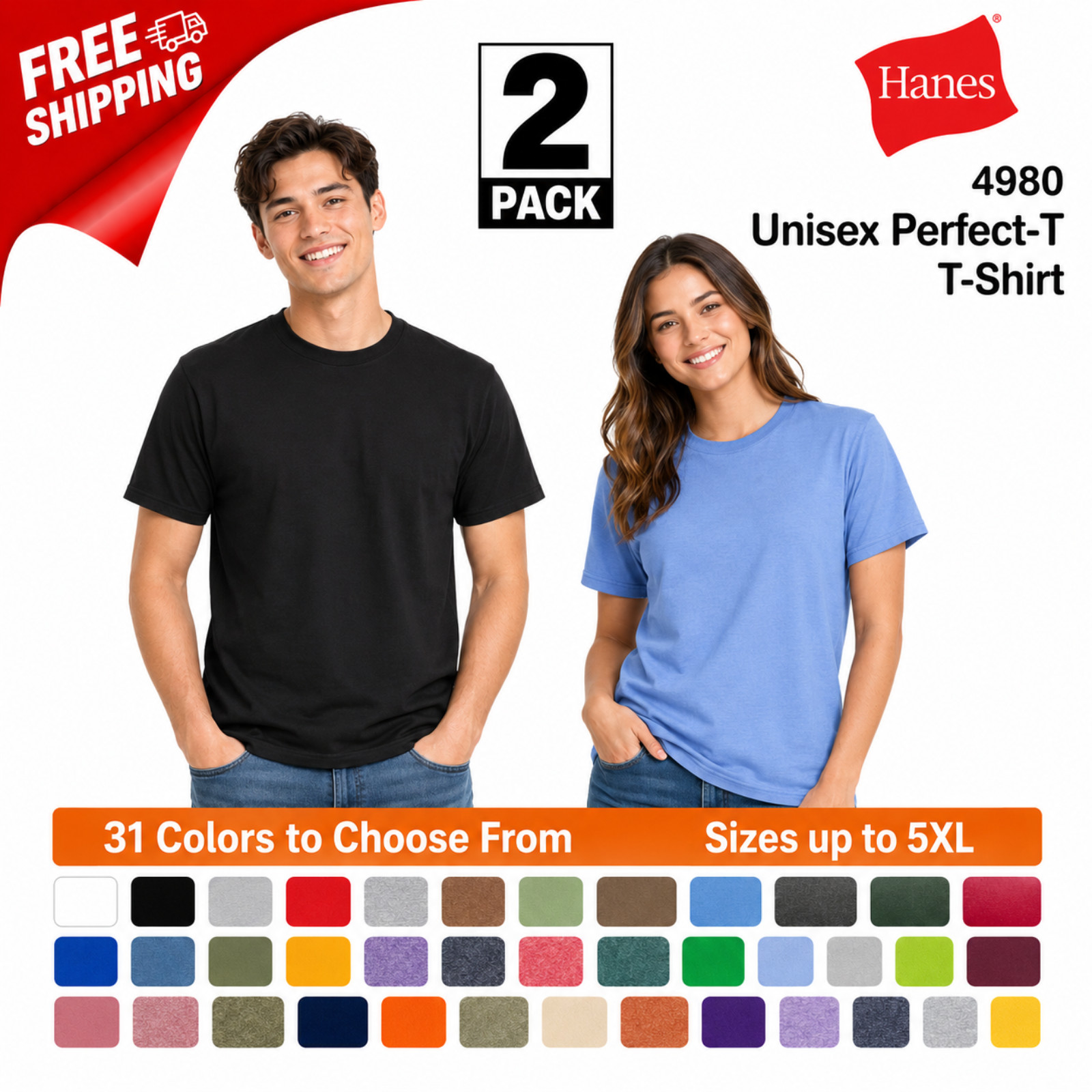2 Pack Hanes Unisex Perfect-T Stylish Casual Plain Crewneck T-Shirt - 4980