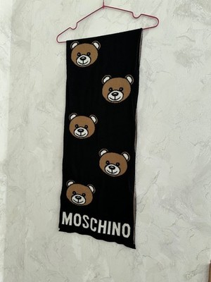 MOSCHINO Black Wool Acrylic Scarf Teddy Logo Made in Italy