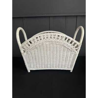 Vintage White Wicker Magazine Towel Basket - Image 1 of 4