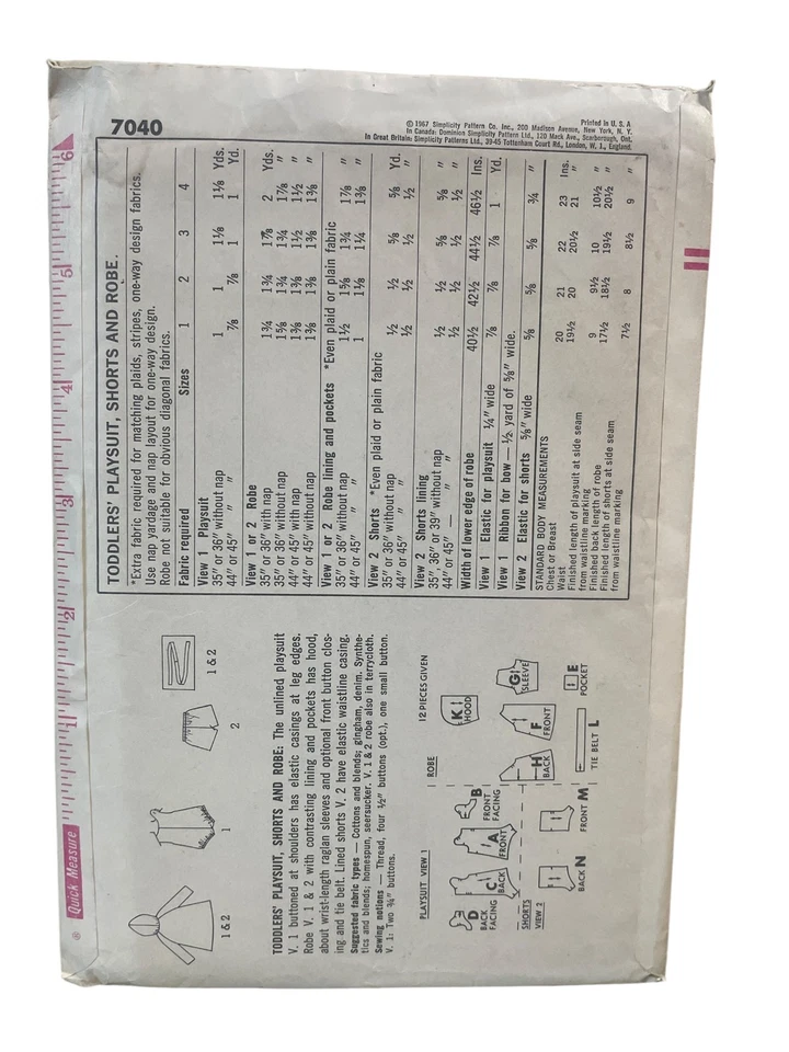 UNCUT FF Sewing Pattern Simplicity 7040 Playsuit Shorts Robe Toddler Size 1 - Image 2 of 2
