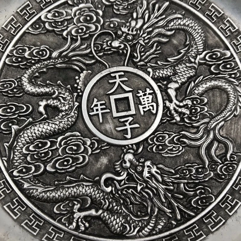 Exquisite Chinese tibet silver handcarved double Dragon plate decoration Foto 4 de 4