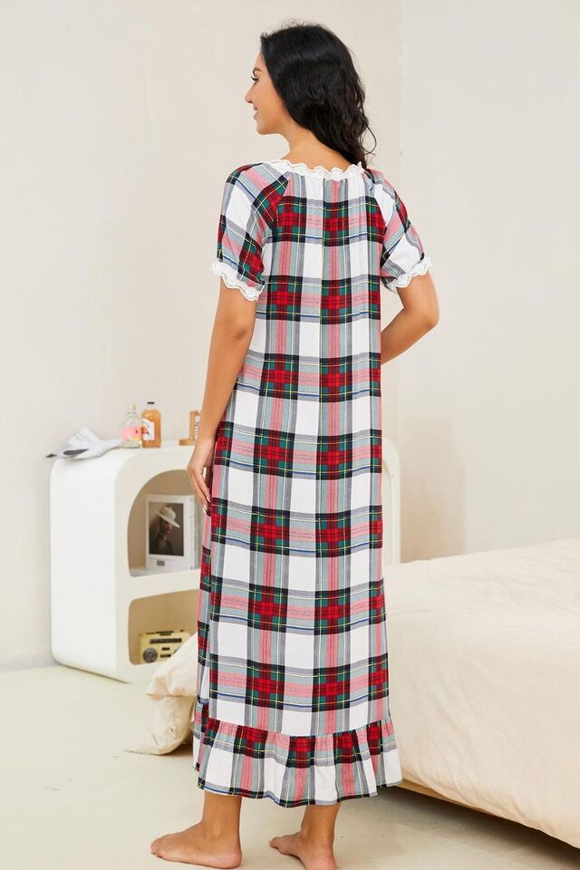 Plaid Lace Trim Ruffle Hem Night Dress | eBay