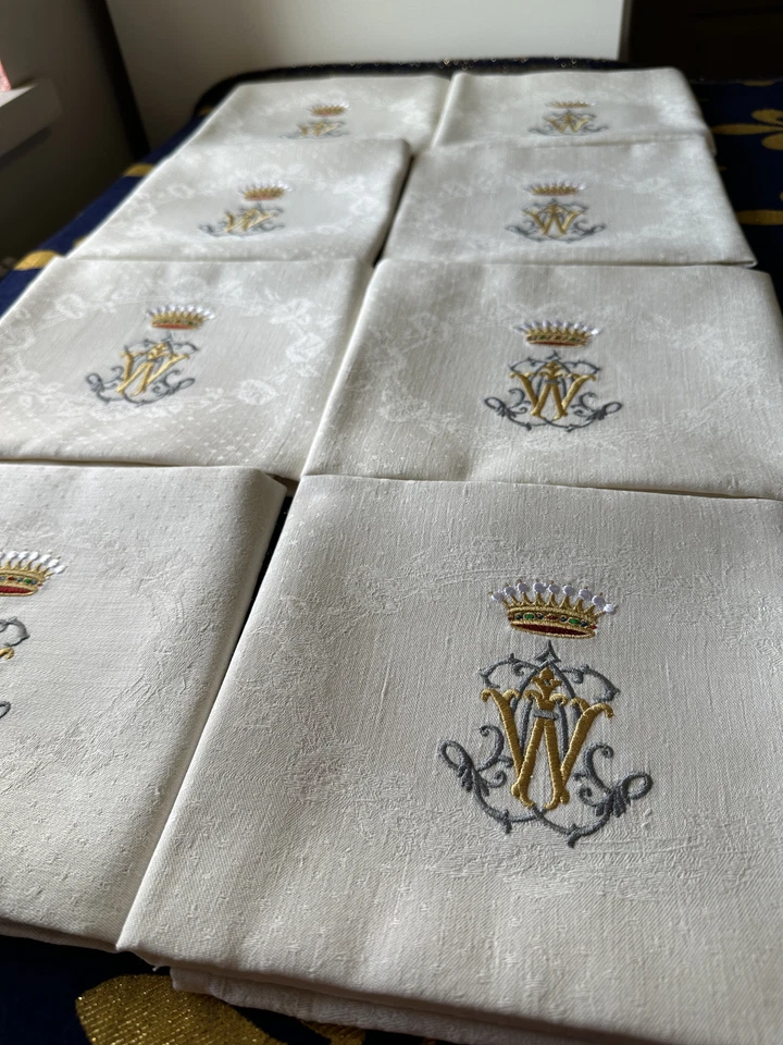 6 serviette Fleurs Lys 55x55 brodées monogramme  ancien W couronne Comte cadeau - Photo 3/4
