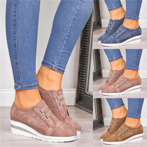 Women Breathable Slip On Trainers Loafers Ladies Wedge Heel Sneakers Comfy Shoes - Afbeelding 1 van 9