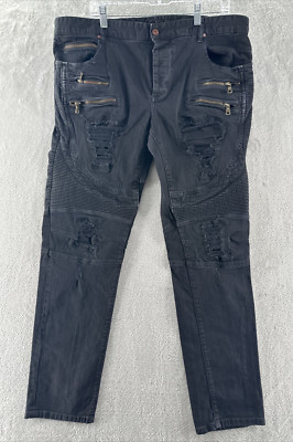 Rockstar Jeans Mens Sz 40x34 Black Moto Distressed Zippers Jeans