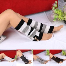 Women Ladies Winter Warm Knitted Crochet High Leg Warmer Leggings Socks Button  