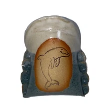 Signed Studio Art Pottery Wall Pocket Vase Blue Brown Dolphin Glazed
