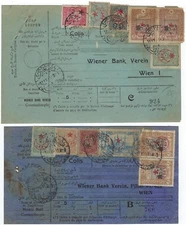 TURKEY AUSTRIA 1916 1918 THREE MULTIFRANKED PARCEL POST RECEIPTS W/ 18 DIFFERENT