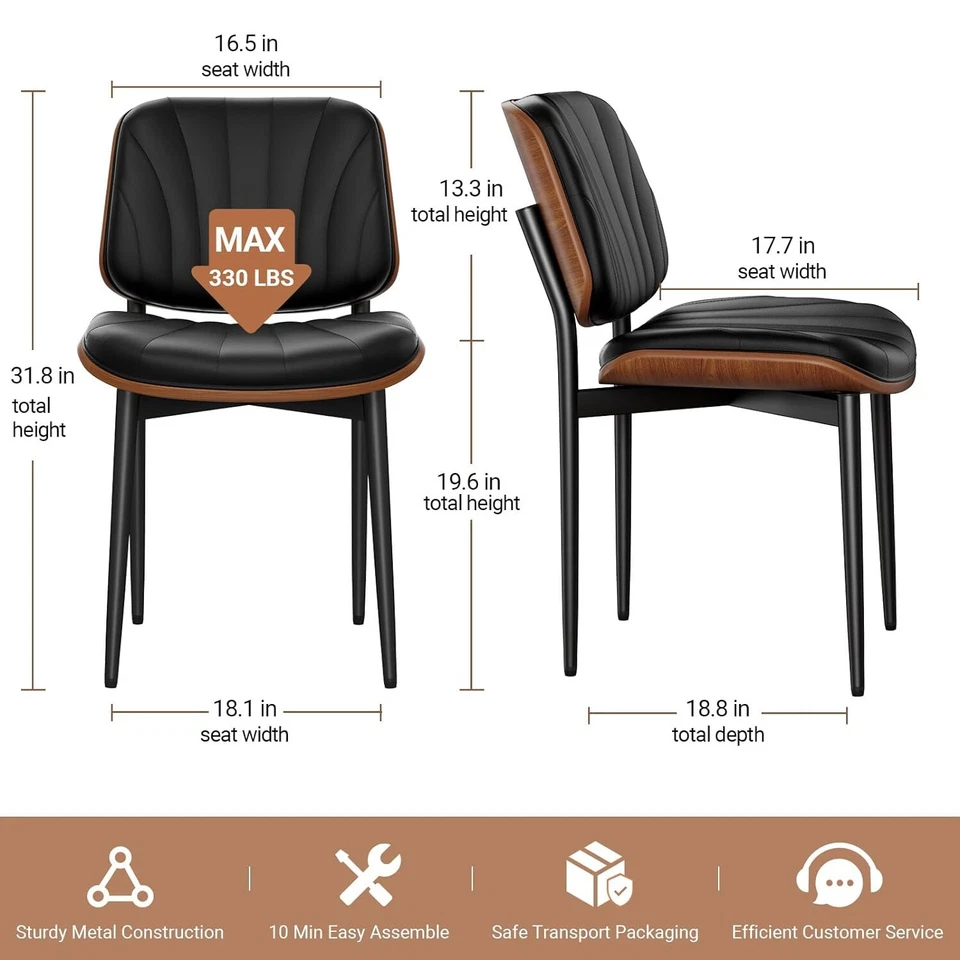 Juego de 2 sillas de comedor modernas tapizadas de cuero PU negras de mediados de siglo Foto 3 de 4