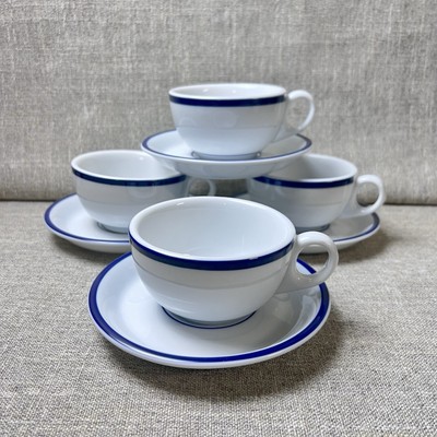 Set of 4 Lubiana Cups and Saucers / White with Blue Stripes EUC 2 Sets Available