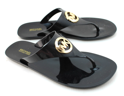 MICHAEL KORS Women Size 11M Lillie Jelly Thong Sandals Black Gold MK Logo Michael Michael Kors black Lillie jelly Thong | Mercari main image 2