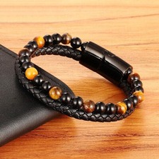 Handmade Obsidian Tiger's Eye 2 Strands Healing Strength Protection Men Bracelet