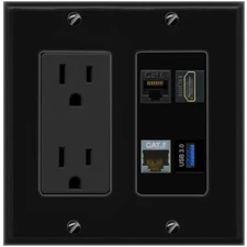 CAT6 CAT7 HD USB-3 Port Wall Plate Black w Power Outlet