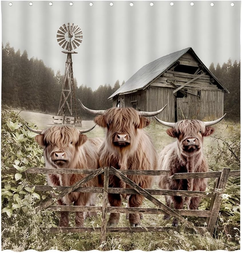 Highland Cow Shower Curtains Three Brown Cattle Rustic Farmhouse Animal Farm Vin