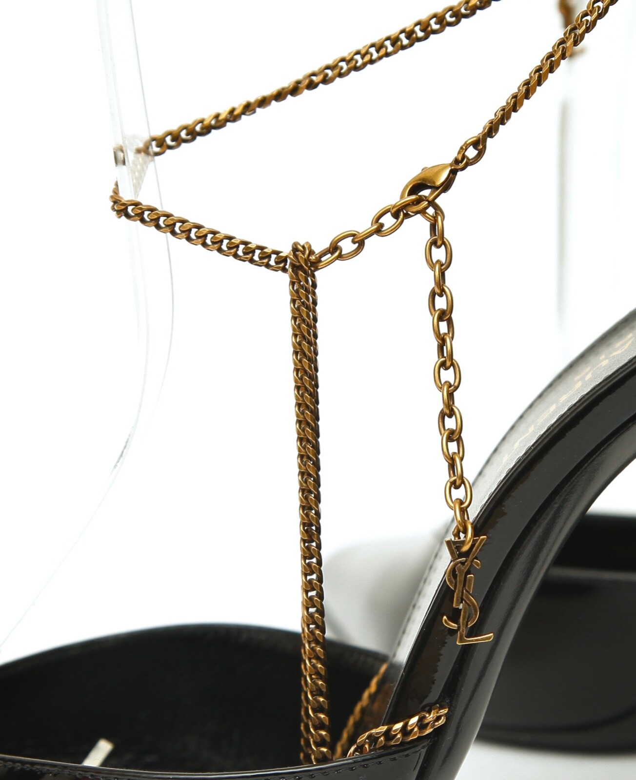 SAINT LAURENT decolte pelle verniciata nera CLAW CHAIN YSL logo tacco oro caviglia 38 5