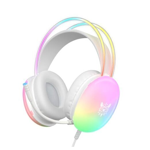 Gaming Headset with Microphone, RGB Rainbow Lighting, PC Wired White No Ears-image