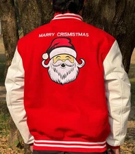 Merry Christmas Gift Santa Varsity Jacket Red/White Wool & Real Leather Sleeves