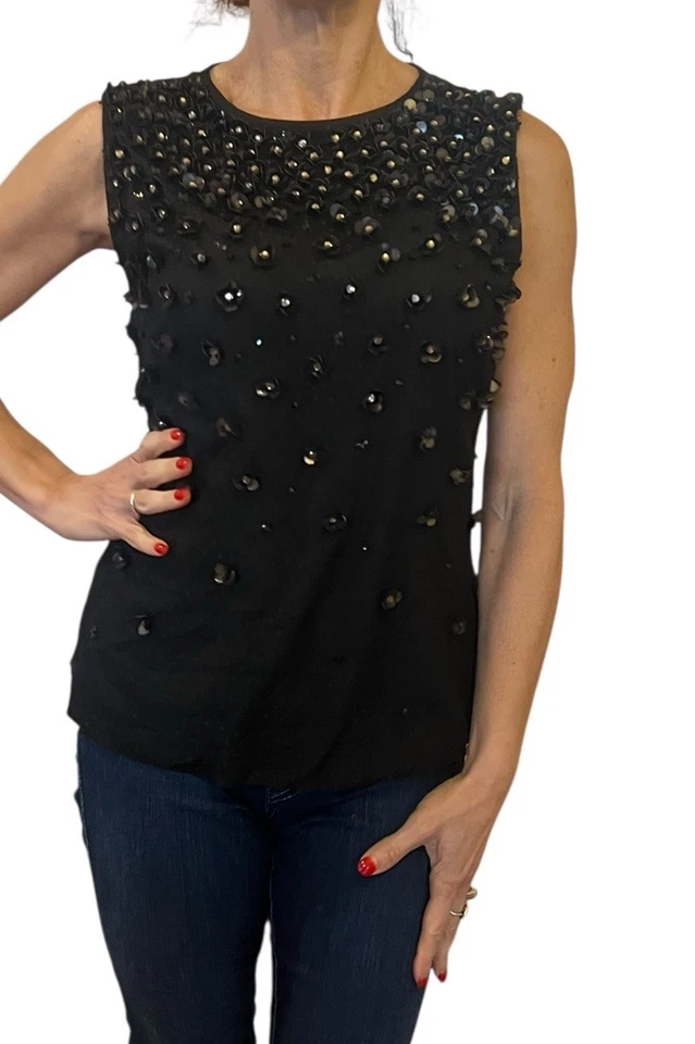 Blusa Top RED VALENTINO Negra Floral Lentejuelas Adornada Malla Tul Sin Mangas S Foto 4 de 4