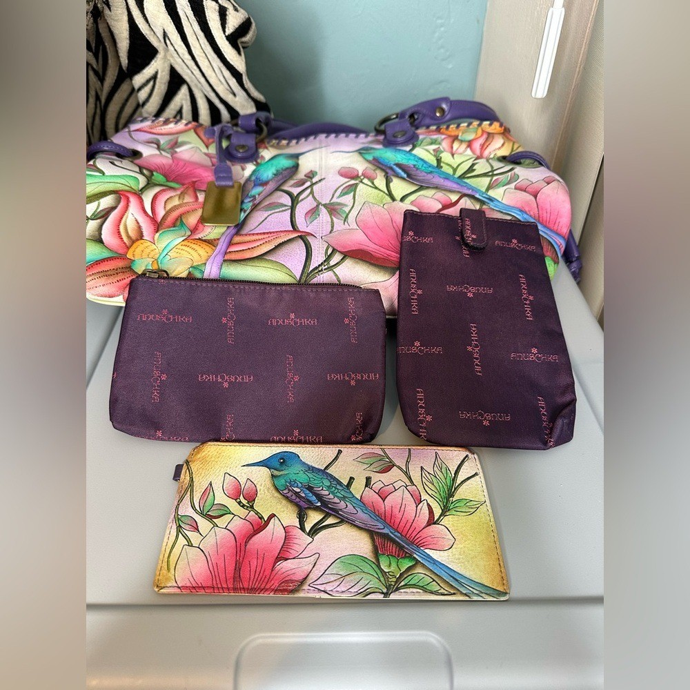 Anuschka Hand Painted Genuine Leather Featuring Hummingbird Floral Tote Bag.