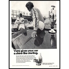 1970 Simoniz Vista Car Wax Vintage Print Ad Sterling Moss Race Track Blonde Art