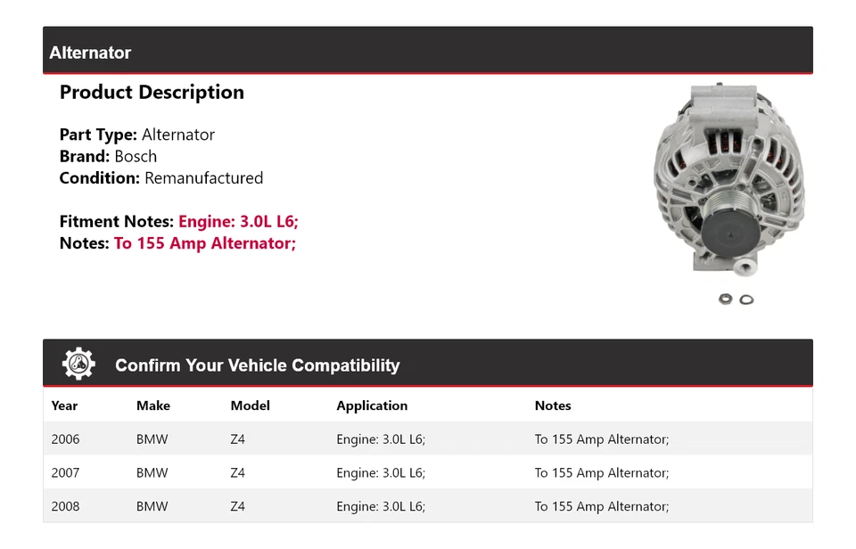 Alternador Bosch para BMW Z4 2006-2008 3,0 L L6 (remanufacturado) 2007 Foto 2 de 4