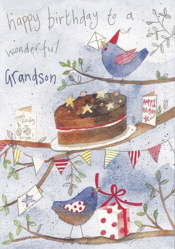 Wonderful Grandson Birthday  card Alex Clark  Birds & cake