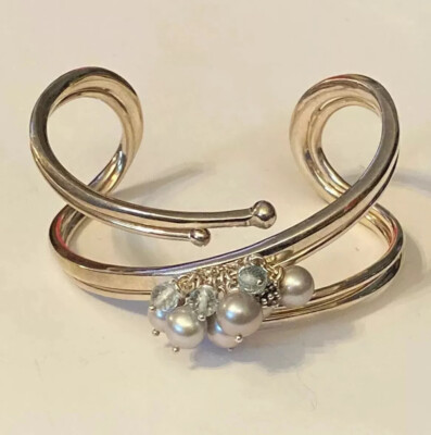 Michael Dawkins Sterling Silver Cuff w/Dangling Pearls & Gemstones