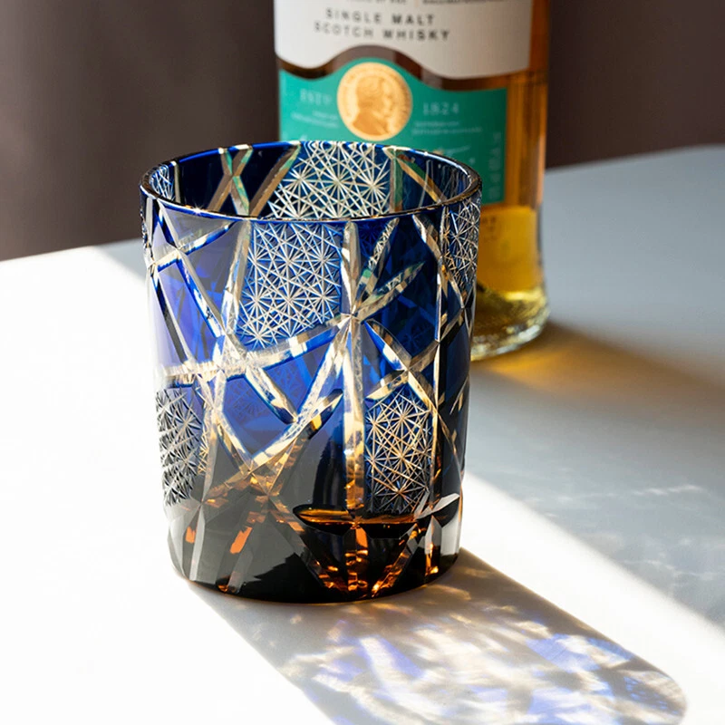 UNMARKED Whiskey Vodka Glasses EDO Kiriko Crystal Glass Drinkware Tumbler 9oz Amber Blue