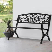 PayLessHere Black Metal Loveseat, 50-inch Outdoor Bench with Armrests, Floral