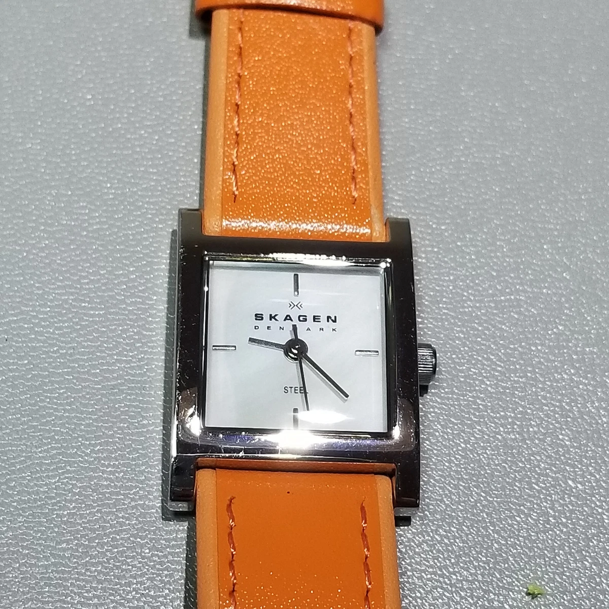 Skagen Denmark Ladies Steel Watch Rectangle White Dial Quartz Orange Analog 19mm