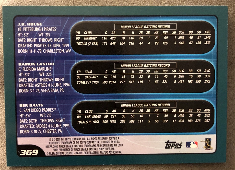 Tarjeta de novato 2001 Topps Prospects JR House Ramón Castro Ben Davis #369 grado medio Foto 2 de 2