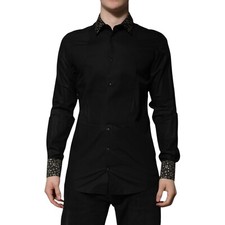 DOLCE & GABBANA Shirt Black Cotton GOLD Long Sleeves Dress 40/US15.75/M 970usd