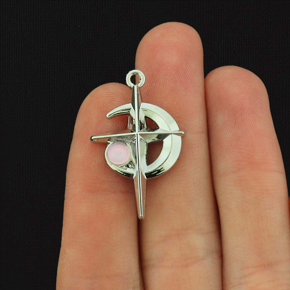 Star Crescent Moon with Inset Rhinestone Antique Silver Tone Charm