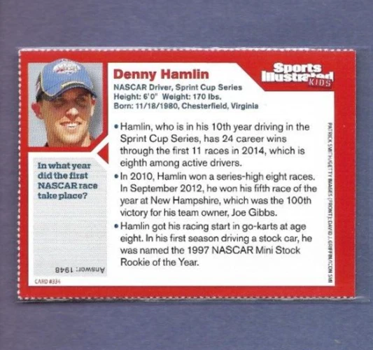 2014 Sports Illustrated Si Kids Sifk auto racing DENNY HAMLIN Nascar Card #334 - Image 2 of 2