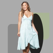 Woman Low High Midi Dress Natural Cotton Mint Embroidered L