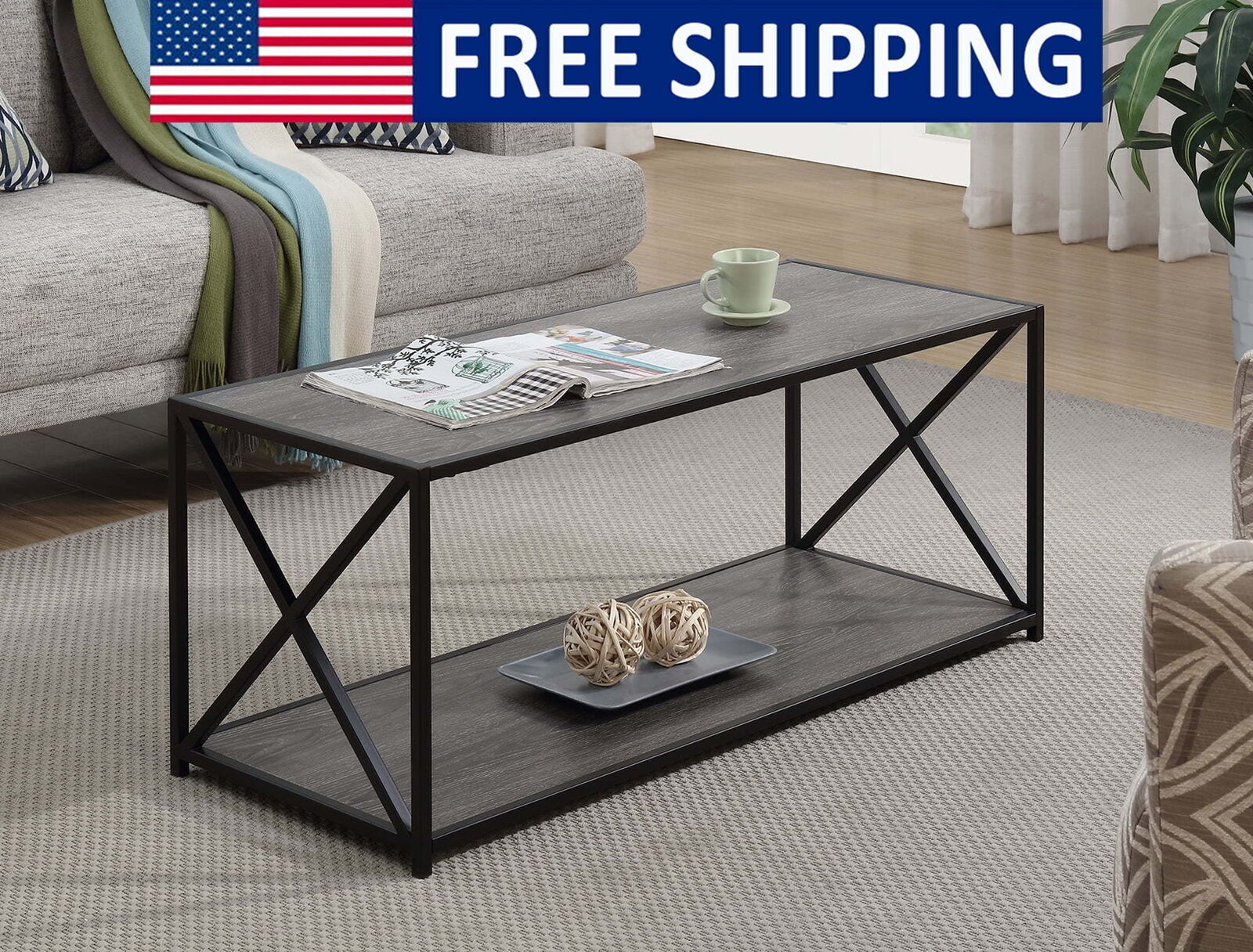 Coffee Table W/ Black X-Frame Bottom Shelf Additional Storage Weathered Grey New