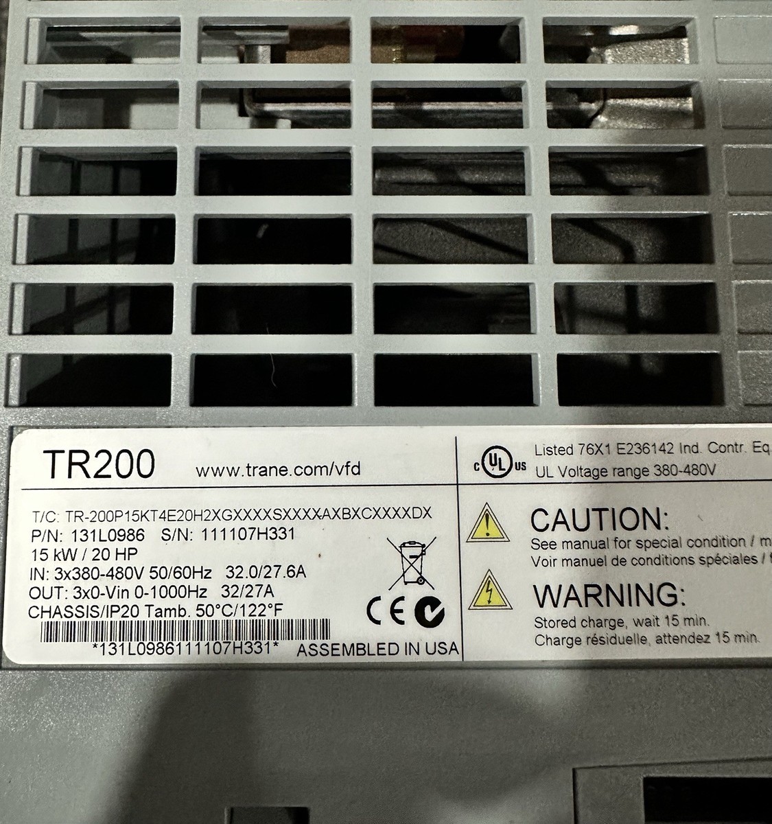 Trane TR200 VFD Drive 20HP - 15kW 380/460 VAC - 3 ph X13171907001