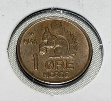 1966 Norway 1 Ore Coin Bronze Squirrel Animal Wildlife Nordic World Currency