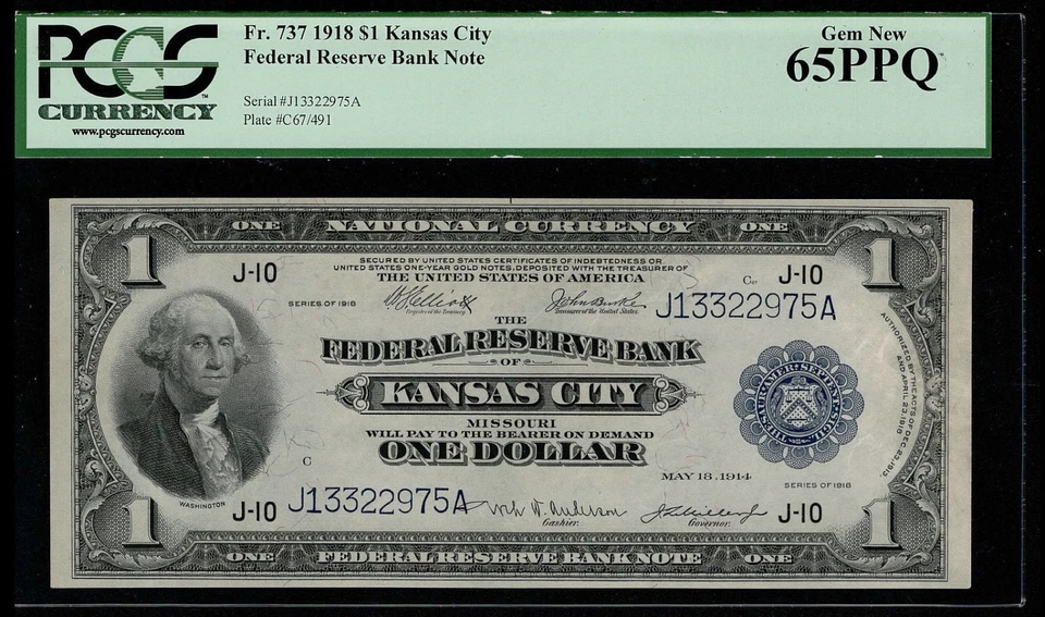 1918 $1 Federal Reserve Bank Note Kansas  CIty Flying Eagle PCGS65 PPQ (FFJ) - Image 3 of 4