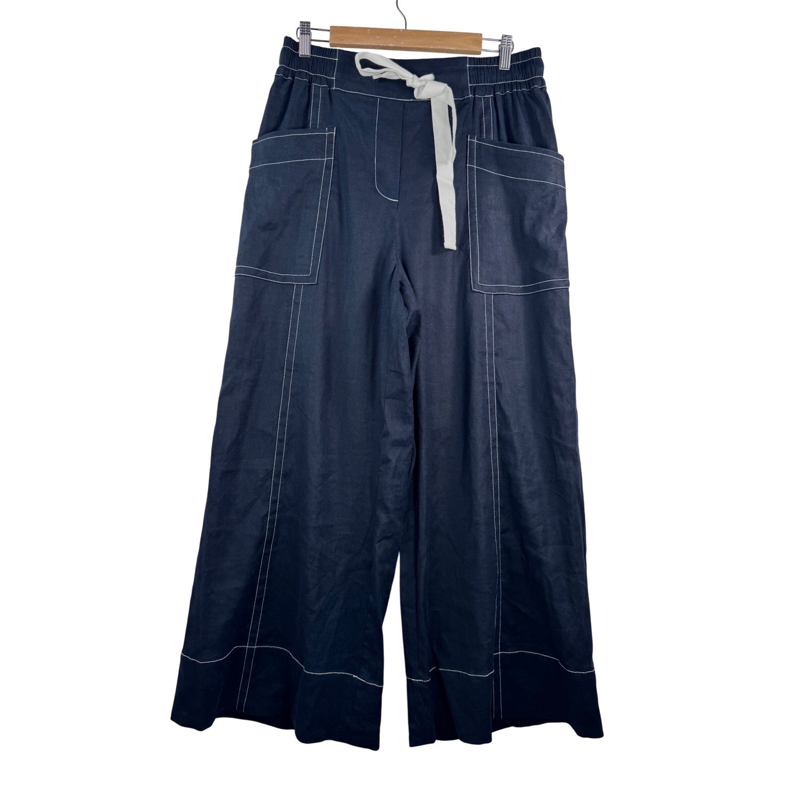 Maeve La Ponche Pull on Navy Linen Blend Wide Leg crop Pants boho sz M