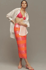 Mac Duggal Anthropologie Sequin Long Midi Skirt Orange Pink Stripes NEW - $398