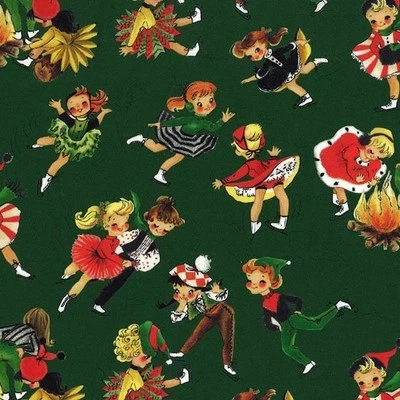 MICHAEL MILLER FABRICS RETRO VINTAGE SKATERS ON GREEN CHRISTMAS HOLLY JOLLY MICHAEL MILLER FABRIC HY