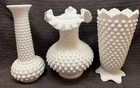 3 Lot Fenton & E O Brody White Hobnail Milk Glass Vases Ruffled, Crown, Flared